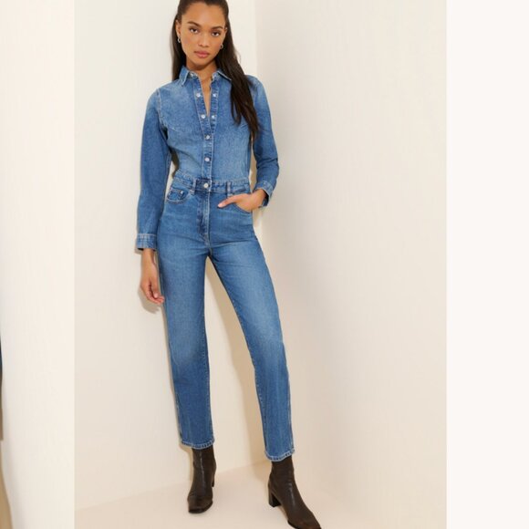 DL1961 Freja Denim Jumpsuit Size S Snap Closure Pockets Straight Leg Western